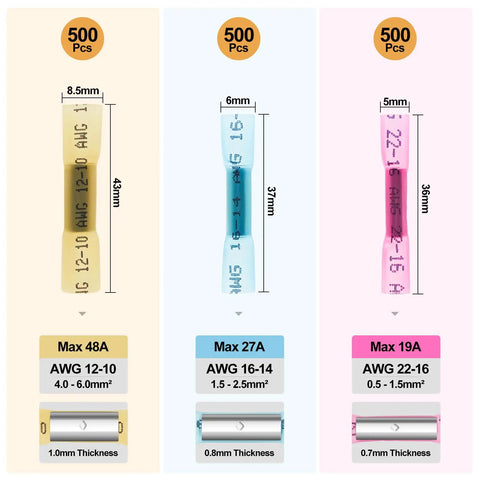 Image of 1500 Pack Heat Shrink Butt Connectors 16-14 AWG 22-16 AWG 12-10 AWG Waterproof Electrical Insulated Crimp Wire Splice Kit