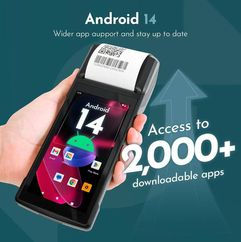 Android 14 Handheld POS with 58MM High Speed Thermal Printer and 5.5 Inch Touch Screen NFC Ready visible in hand