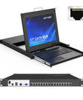 Slick 16 Port Rack Mount Kvm Switch With Usb Vga Hdmi Support Over Cat6 Rj45 Cables For Long Distance Server Management, 17 inch console opened.