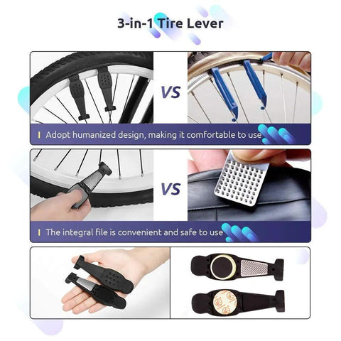 Go-To Bike Repair Tool Kit For Riders Pro Grade Bicycle Multi Tool with 3-in-1 tire lever demonstration.