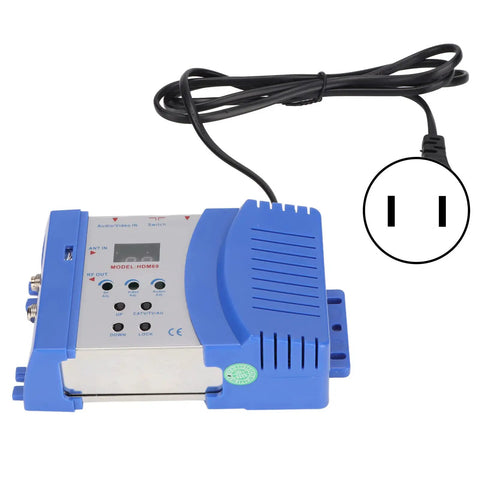 HDMI To RF Modulator for TV with PAL NTSC support, dual VHF UHF frequency, coaxial HDMI modulator, and 90 240V power cord