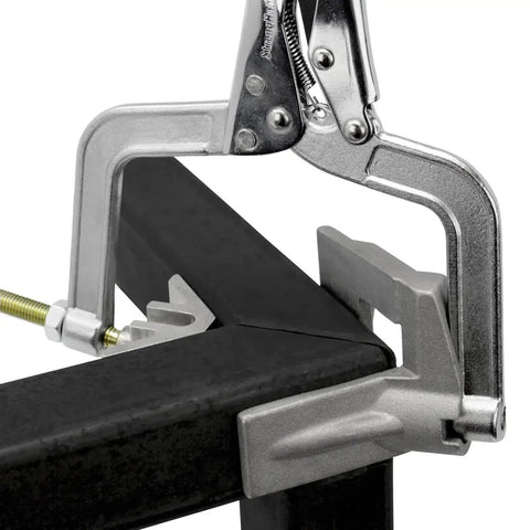Beefy 90 Degree Angle Joint Clamp Tool holding black metal pieces at a right angle, showing one-hand quick release feature.