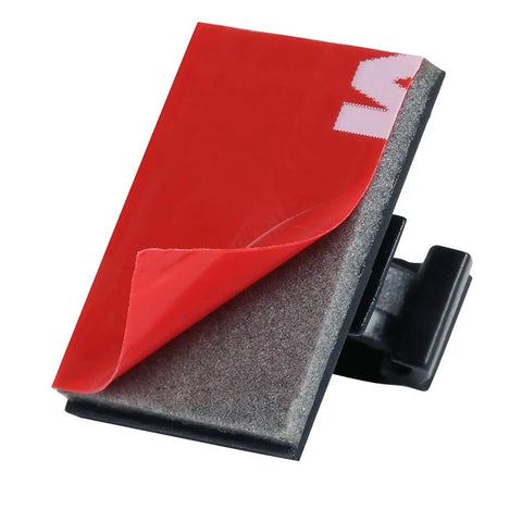 Self Adhesive Cable Clips With 3M Adhesive For Tidy Cables Wire Holder Clamp, close-up of black clip with red adhesive pad