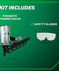 Image of Pro Preferred Framing Nailer For Fast Reliable Pneumatic Power For Flooring Roof Decking And More 21 Degree Two To Three And A Quarter Inch Plastic Collated Nails Includes Safety Glasses