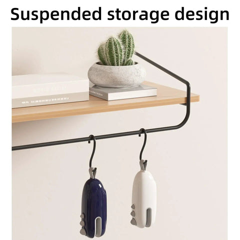Blue and white 2 In 1 USB Rechargeable Heat Sealer With Cutter For Plastic Bags hanging under a shelf with cactus