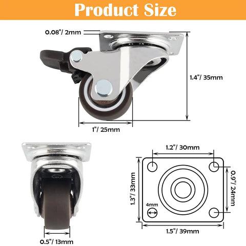 Low Profile Caster Wheels Set Of Four Heavy Duty Swivel Casters With Two Locking Brakes And Quiet Rubber Treads product size dimensions