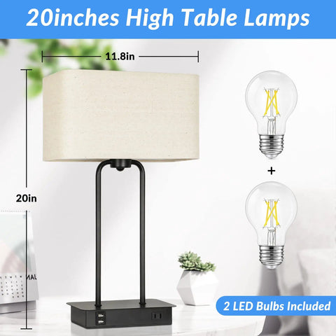 20 Inch High 3 Way Dimmable Touch Lamp Set Of 2 With USB Ports And AC Outlet Modern Reading Desk And Bedside Nightstand Lamps For Living Room Bedroom Office Hotel Bulbs Included with beige shade and bulbs shown