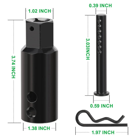 Heavy Duty Trailer Jack Drill Adapter Fits 1 Inch Shafts showcasing dimensions of adapter and locking pin for rigging.