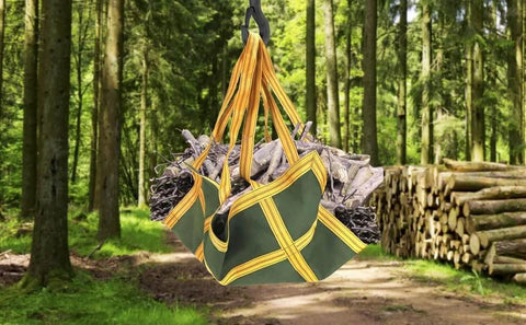 Heavy Duty Canvas Cargo Lifting Pad Net 3.28 ft square lifting logs in a forest, reinforced handles, non-slip surface, 2645 lbs capacity