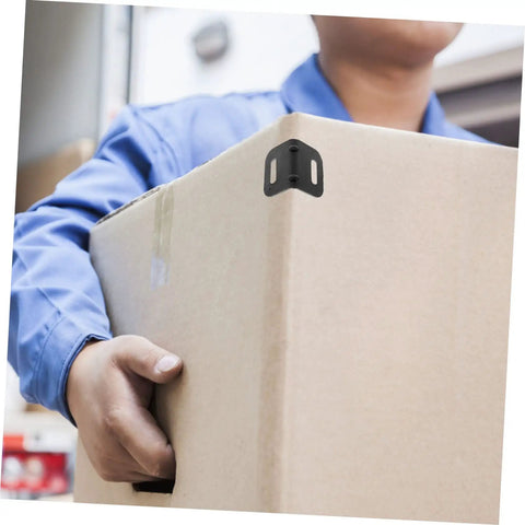 One Hundred Piece Heavy Duty Plastic Corner Protectors L Shaped Edge Guards on a cardboard box during shipping.