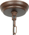 Rustic bronze ceiling mount and chain detail of 4 Light Farmhouse Chandelier With Handmade Wood Frame And Rustic Bronze Arms