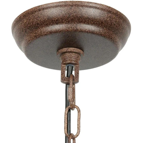 Rustic bronze ceiling mount and chain detail of 4 Light Farmhouse Chandelier With Handmade Wood Frame And Rustic Bronze Arms