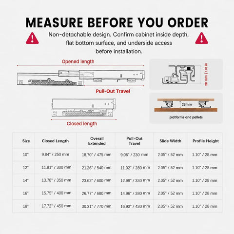 Measurement guide for Undermount Drawer Slides 18 Inch Black With Soft Close Bottom Mount Pull Out Shelf Rails with sizes and diagram
