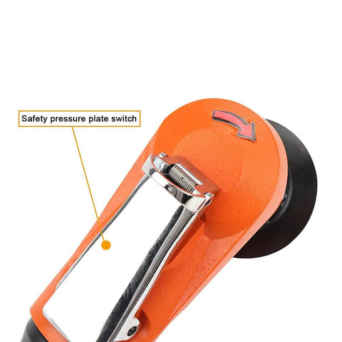 Close-up of safety pressure plate switch on Bainuo Mini Portable Pneumatic Chamfering Machine For Metal Trimming And Deburring 45 Degree Arc Corner Tool With Adjustable Speed Hand Held Power Equipment Orange