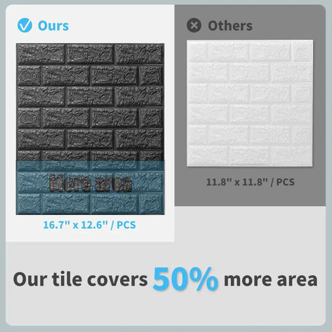 Comparison of Black Faux Brick Peel And Stick Wall Panels 16.7x12.6 in vs smaller plain white panels, highlights larger coverage area.
