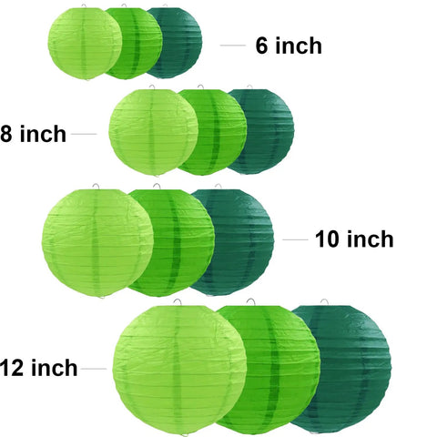12 Pack Green Party Paper Lanterns Set With 4 Size Variations In Green Tones 6 8 10 12 Inch Tissue Paper With Metal Frames Easy Assembly.