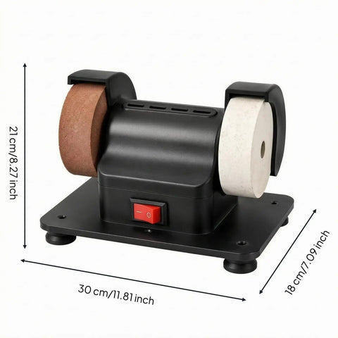 Rock Solid Hella Durable Twin Wheel Benchtop Grinder with copper motor, compact design for sharpening and rust removal.