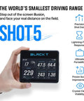 Hand holding Shot5 Golf Launch Monitor Portable Doppler Radar Swing Speed Trainer showing precision shot data display