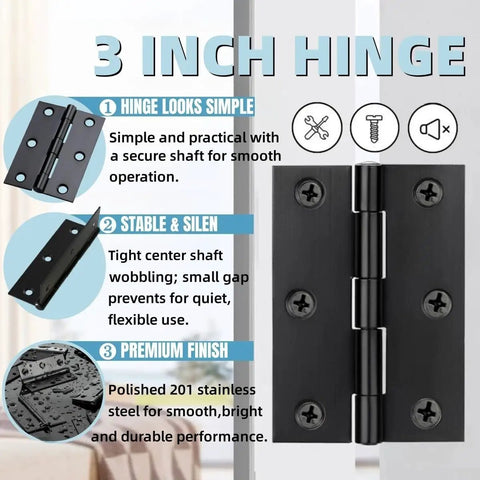 Six Piece 3 Inch High End Stainless Steel Mini Hinges With 36 Screws In Black Finish For Small Cabinets Boxes And Jewelry Cases Heavy Duty Door Hardware Set With Premium Grade Construction For Long Lasting Durability And Rust Resistance image showing hinge details and features