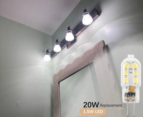 Four daylight white 6000K G4 LED Bulb 12V Bi Pin Replacement for Halogen 20W, 1.5W, installed above a mirror, energy saving