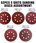 52-pack 5-inch red 8-hole hook-and-loop sanding discs, mixed grits 60/80/120/220/320 for random orbital sander