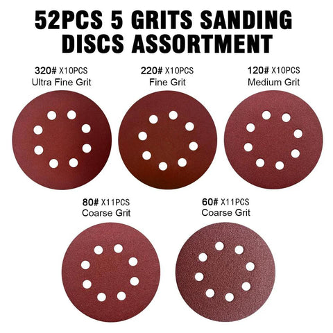 52-pack 5-inch red 8-hole hook-and-loop sanding discs, mixed grits 60/80/120/220/320 for random orbital sander