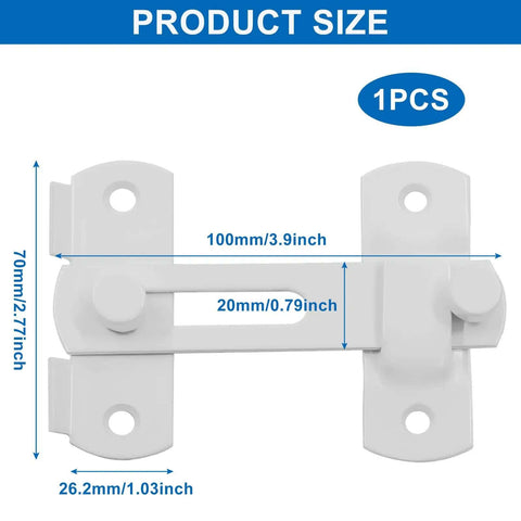 Dimensions of White Stainless Steel Barn Door Latch 3.93 x 2.75 Inch, Easy Install Bi-Fold Sliding Door Lock shown in image.