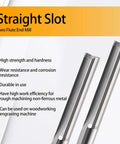 Straight-slot two-flute carbide end mills set, front view, three pieces.