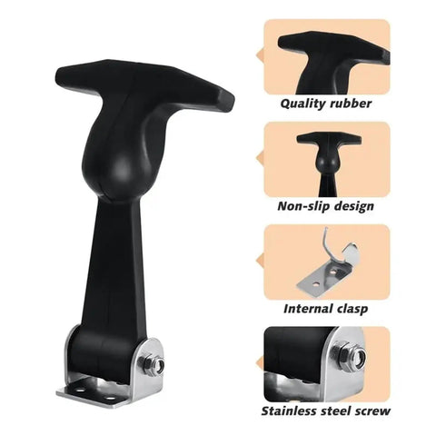 Beefed Up Set Of Four Stainless Steel Rubber Hood Latch Kit with T Handle and bracket, highlighting quality rubber and non-slip design.
