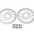 Upgrade Your Ride With This Heavy Duty Disc Brake Kit For Mountain Road And E Bikes Featuring Aluminum Alloy Hydraulic Mechanical Front Rear Setup Rock Solid Stops Tight Grip, two silver brake rotors with screws.