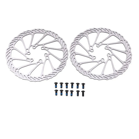 Upgrade Your Ride With This Heavy Duty Disc Brake Kit For Mountain Road And E Bikes Featuring Aluminum Alloy Hydraulic Mechanical Front Rear Setup Rock Solid Stops Tight Grip, two silver brake rotors with screws.