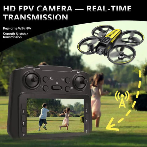 Beginner Kids Drone With Camera And Remote Control Brushless Motors flying over children with FPV video on remote screen