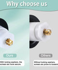 Comparison of Plug And Play Toe Touch Bathtub Drain Stopper In Smooth Brushed Nickel showing secure locking washers and gold thread.