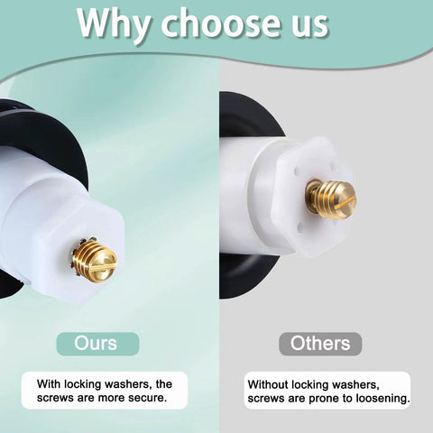 Comparison of Plug And Play Toe Touch Bathtub Drain Stopper In Smooth Brushed Nickel showing secure locking washers and gold thread.