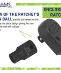 Close-up of Heavy Duty Half Inch Drive Enclosed Head Ratchet With Black Industrial Finish, showcasing friction ball location.