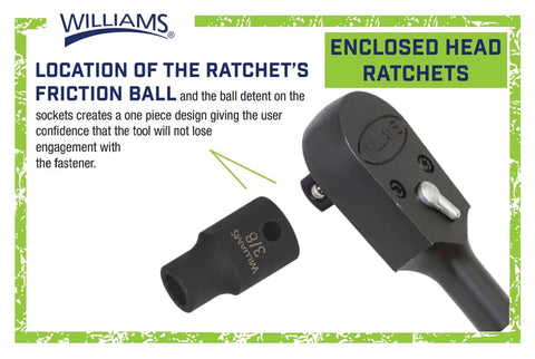 Close-up of Heavy Duty Half Inch Drive Enclosed Head Ratchet With Black Industrial Finish, showcasing friction ball location.