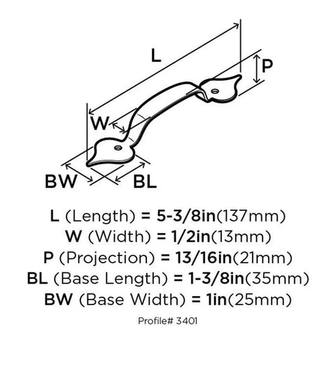 Colonial Black Cabinet Pull 3-3/8 Inch Center to Center Everyday Heritage Drawer Pull dimensions and diagram.
