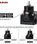 PQY adjustable EFI fuel pressure regulator kit, black with AN8 feed and AN6 return ports; FOY Performance badge.
