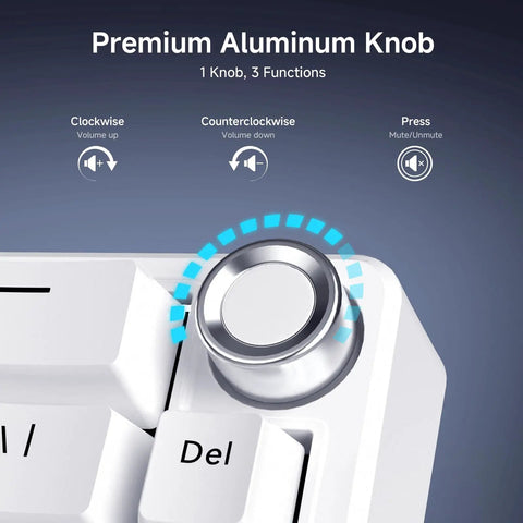 Premium aluminum volume knob showing functions on Slick 60 Percent Wired Mechanical Gaming Keyboard With RGB Backlight And Hot Swappable Gasket Mount.