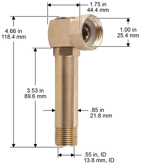 Brass Swivel Replacement for Hose Reels 704 705 714, 4.66 Inch Long, Heavy Duty Garden Reel Part, No Fuss Install, Brass Construction, Fits Worn Swivels, Model 4007, side view with dimensions