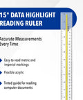 Clean 15 Inch Clear Acrylic Reading Ruler With Tinted Guide For Studying And Drafting Dual Scale Imperial Metric Focus Tool That Straight Up Fixes Eye Strain showing flexible acrylic with metric and imperial markings.