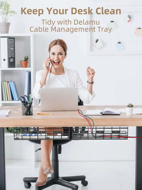 2 Pack Under Desk Cable Management Trays Large Sturdy Metal Cord Organizer For Office And Home shown under desk with cords neatly stored