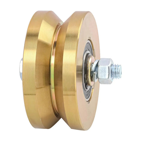 Built Like A Tank 4 Inch Sliding Gate Rollers Wheels 2 Pack, close-up view of double sealed bearing v groove track wheel.