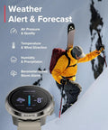 Weather alert interface on Ocean Dive Computer Sand with Tank Pod GPS Multisport Watch next to a skier on snowy mountain.