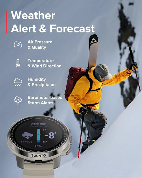 Weather alert interface on Ocean Dive Computer Sand with Tank Pod GPS Multisport Watch next to a skier on snowy mountain.