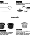 Accessories for Matte Black 24 Inch Linear Shower Floor Drain With Dual Tile Insert Cover, including lifting hook and hair strainer.
