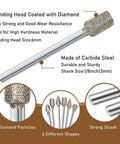 Diamond burr set for stone carving with 1/8 in shank; six diamond-coated grinding heads.
