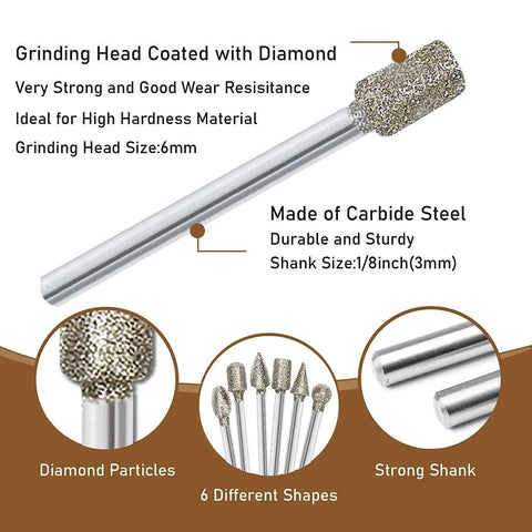 Diamond burr set for stone carving with 1/8 in shank; six diamond-coated grinding heads.