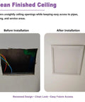 Before and after image of 24x24 Flip-Up Ceiling Access Panel No Sweat Install Push Pop Cover Lift-Up Hinge for Attic Plumbing HVAC Drywall Flush Mount Paintable Aluminum Frame Galvanized Steel Door.