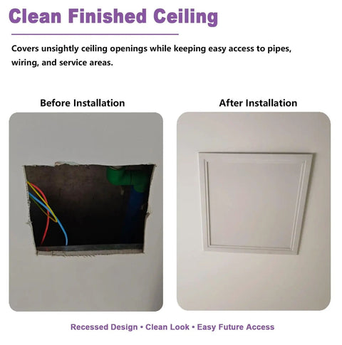 Before and after image of 24x24 Flip-Up Ceiling Access Panel No Sweat Install Push Pop Cover Lift-Up Hinge for Attic Plumbing HVAC Drywall Flush Mount Paintable Aluminum Frame Galvanized Steel Door.